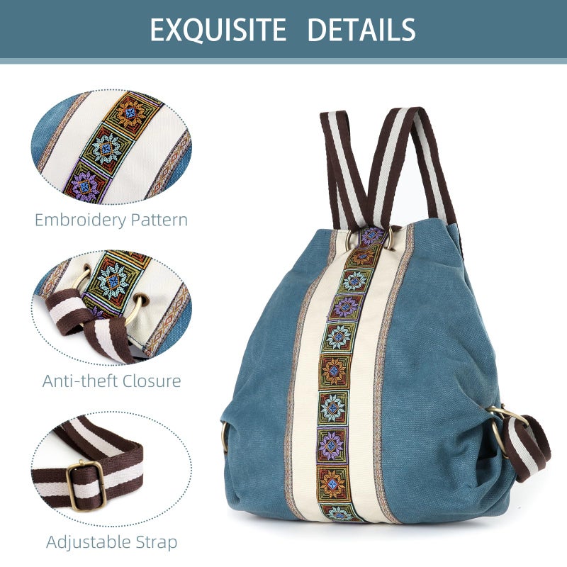 Goodhan Women Canvas Backpack Daypack Casual Shoulder Bag, Vintage Heavy-duty Anti-theft Travel Backpack (Green Blue) - Image 2